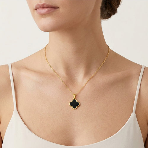 Black Onyx Clover Yellow Gold Pendant