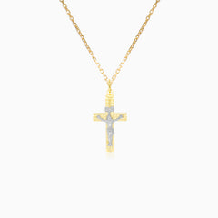 Klasický dvoutónový zlatý přívěsek křížek s crucifixem.