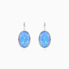 Simple blue opal solitaire drop earrings