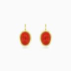 Elegant yellow gold coral cabochon drop earrings