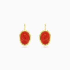 Elegant yellow gold coral cabochon drop earrings