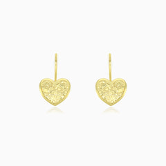 Yellow gold heart charm drop earrings