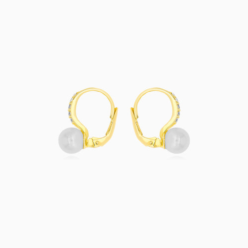 Yellow Gold Pearl And Zirconia Drop Earrings