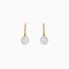 Yellow Gold Pearl And Zirconia Drop Earrings