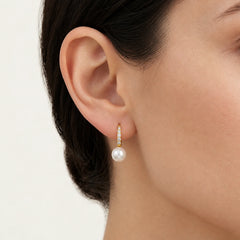 Yellow Gold Pearl And Zirconia Drop Earrings