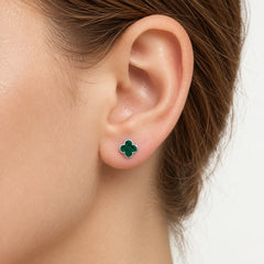 White Gold Malachite Clover Stud Earrings