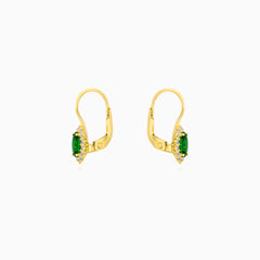 Yellow Gold Emerald Halo Drop Earrings