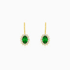 Yellow Gold Emerald Halo Drop Earrings