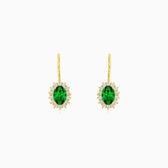Yellow Gold Emerald Halo Drop Earrings