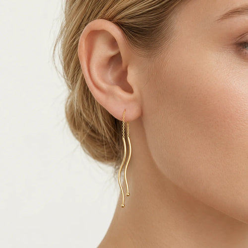 Yellow Gold Sculpted Wave Threader Earrings