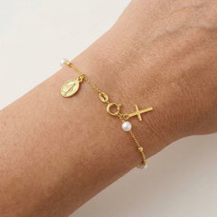 Gold Pearl Religious Charm Bracelet