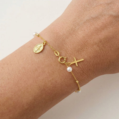 Gold Pearl Religious Charm Bracelet