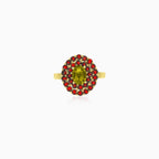 Edelstein-Duo-Ring mit ovalem Moldavit und rundem Granat