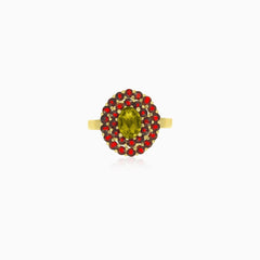 Edelstein-Duo-Ring mit ovalem Moldavit und rundem Granat