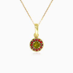 Harmony pendant in yellow gold with moldavite and garnet