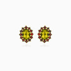 Royal Radiance Tropfenohrringe aus Gold mit ovalem Moldavit und rundem Granatstein
