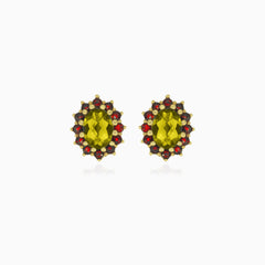 Royal Radiance Tropfenohrringe aus Gold mit ovalem Moldavit und rundem Granatstein