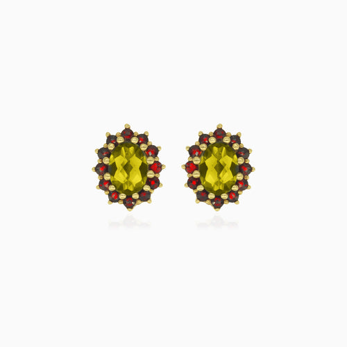 Royal Radiance Tropfenohrringe aus Gold mit ovalem Moldavit und rundem Granatstein
