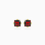 Princess cut garnet gold stud earrings