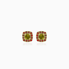 Eternal Radiance stud earrings in gold with  moldavite and garnet