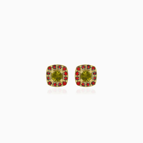 Eternal Radiance stud earrings in gold with  moldavite and garnet
