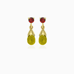 Garnet and moldavite gold dangling earrings