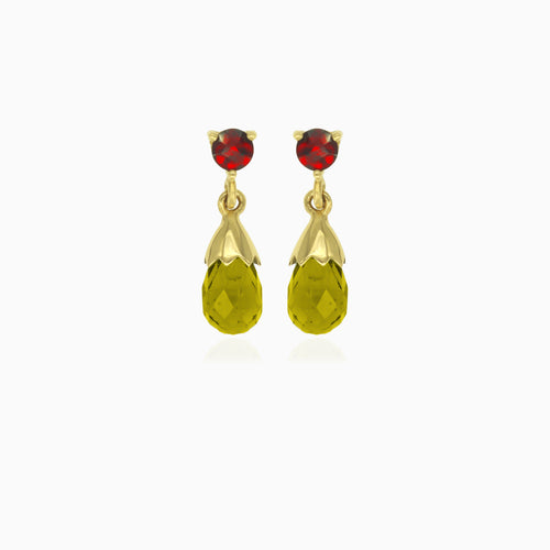 Garnet and moldavite gold dangling earrings