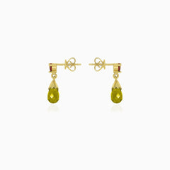 Garnet and moldavite gold dangling earrings