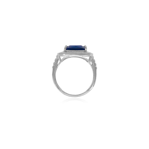 Silberner Halo-Ring mit quadratischem synthetischem Saphir