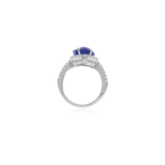 Anillo halo de plata esterlina con zafiro en corte pera