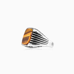 Cushion cut tigers eye men ring with side lines