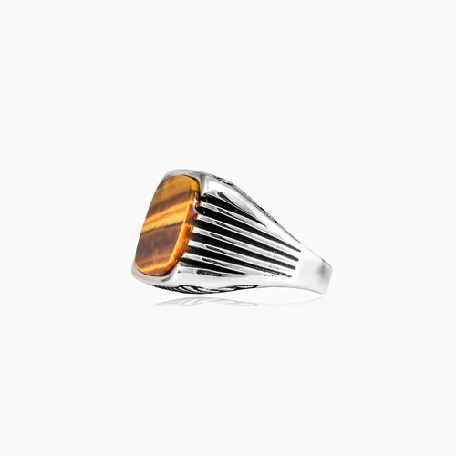 Cushion cut tigers eye men ring with side lines