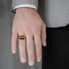 Cushion cut tigers eye men ring with side lines