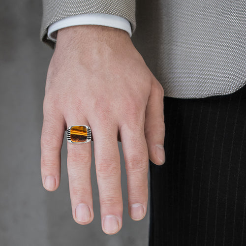 Cushion cut tigers eye men ring with side lines