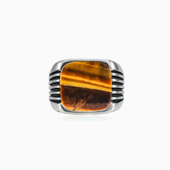 Cushion cut tigers eye men ring with side lines