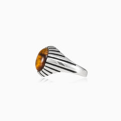 Round cut tigers eye men ring with side lines