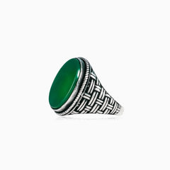 Silver solitaire men ring with oval jade