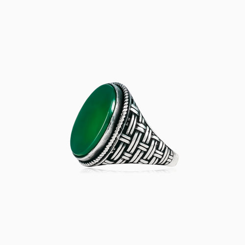 Silver solitaire men ring with oval jade
