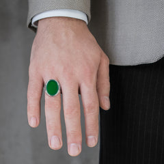 Silver bold men ring with oval jade