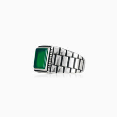 Silver solitaire men ring with princess jade