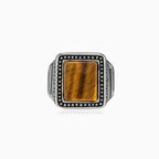 Square cut tigers eye men ring with greek pattern