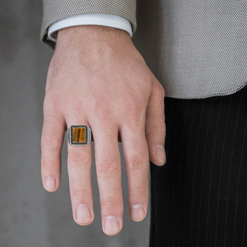 Square cut tigers eye men ring with greek pattern