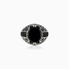 Oval onyx silver men ring with round luster side stones