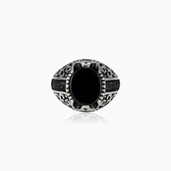Oval onyx silver men ring with round luster side stones