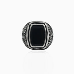 Radiant bezel onyx silver men ring with engraved sides
