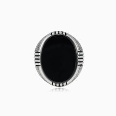 Oval bezel onyx silver men ring with engraved side lines