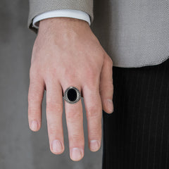Oval onyx greek pattern men ring