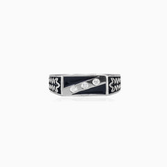 Silver enamel and diagonal cubic zirconia men ring