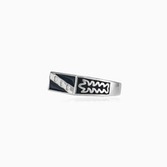 Silver enamel and diagonal cubic zirconia men ring
