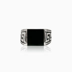 Princess cut onyx men ring with greek side pattern
